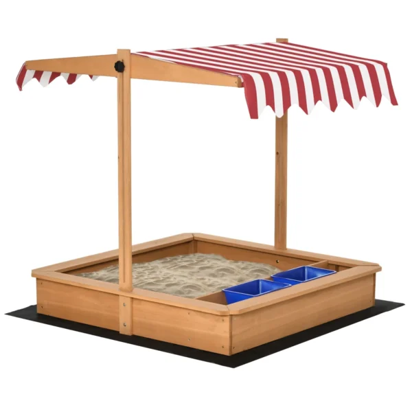 Wooden Children's Sandpit with Adjustable Roof, Seats and Tubs, 107.5x107.5x100 cm