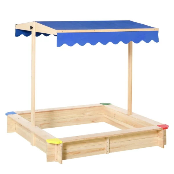 Wooden Children's Sandpit with Bench and Adjustable Sunshade Canopy, 120x120x120cm, Wood and Blue Color