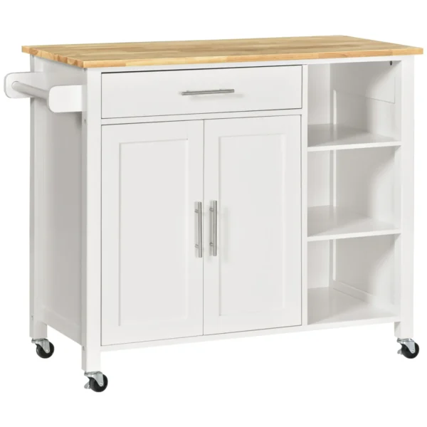 Space-Saving Trolley with Wheels, Solid Wood Kitchen Peninsula: 1 Drawer, 1 Cabinet, 3 Shelves and 4 Wheels, 107.5x48x89 cm