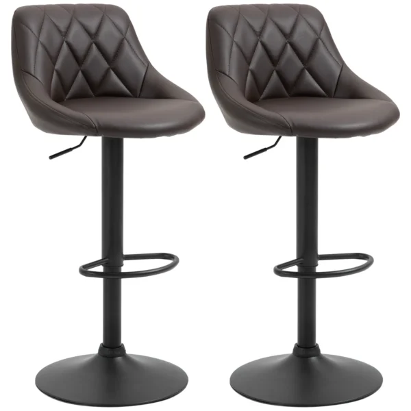 Set of 2 Bar Stools, Adjustable Height with Metal Base and Faux Leather Seat, Modern Stools with Backrest and Footrest, 46x48x83-104 cm, Brown and Black