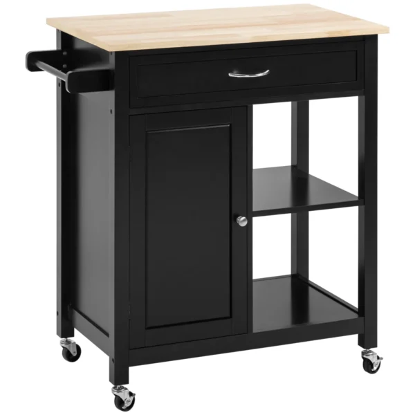 Wooden Kitchen Cart with Drawer, Cabinet and Wheels, 83x45x88cm, Black