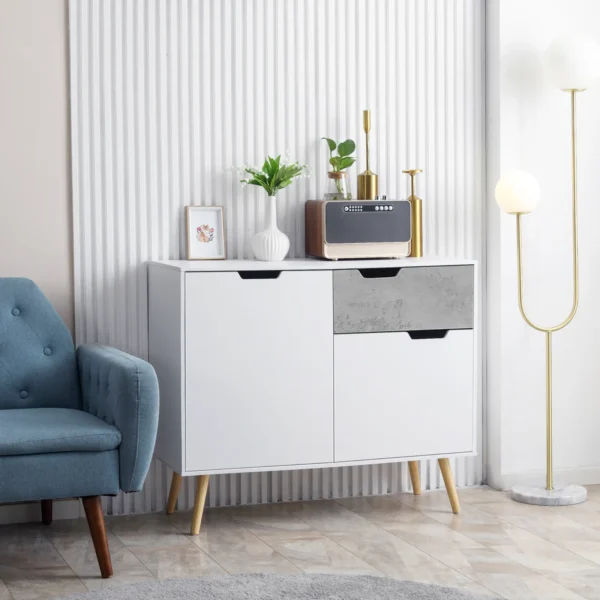 Living Room Cabinet with 2 Doors and Drawer in Chipboard and Pine, 98x39x81.5 cm, Grey and White