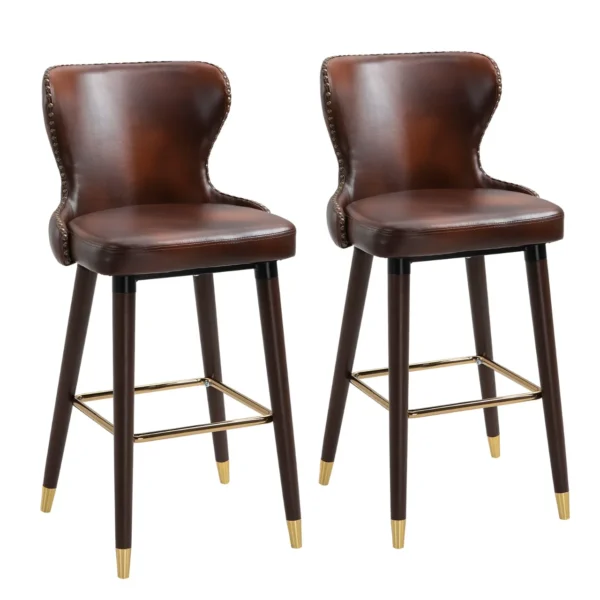 Set of 2 Industrial Style High Bar Stools with Backrest and Footrest, Faux Leather Seat and Wooden Legs, Vintage Stools for Kitchen and Restaurant, 52x53x101cm