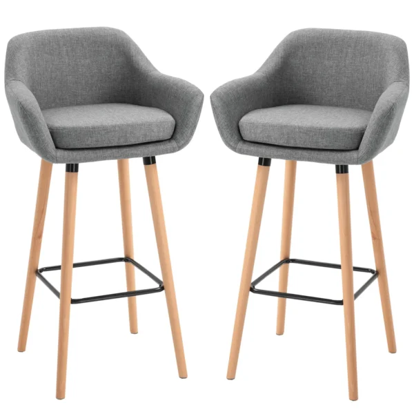Set of 2 High Bar Stools with Backrest and Footrest, Vintage Style Fabric Kitchen Stools with Cushion and Wooden Legs for Dining Room 55x48x100cm