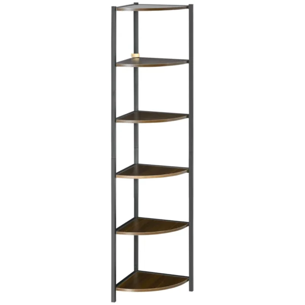 Modern 6-Tier Corner Bookcase in Metal and MDF, 34x34x166cm, Brown and Black