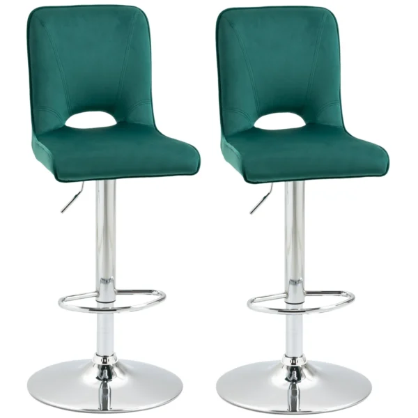Set of 2 Modern Swivel Bar Stools with High Backrest and Footrest, Height-Adjustable Padded Kitchen Stools in Green Fabric, 41x51x97-117cm