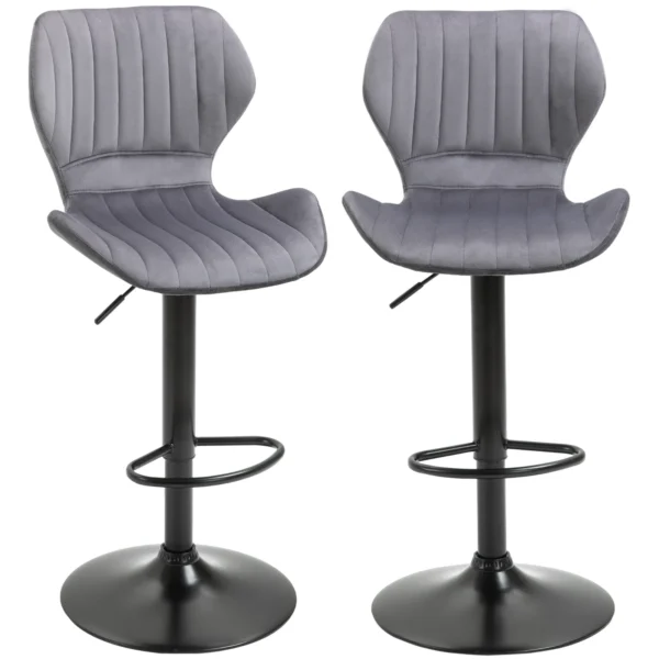 ALICE | Set of 2 Height-Adjustable Bar Stools with Ergonomic Seat and Footrest, High Stools in Velvet and Metal Effect, 47x51.5x92-114 cm, Grey