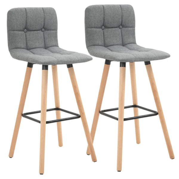 Set of 2 Bar Stools with Backrest and Footrest, Upholstered Fabric Seat and Wooden Legs, 41.5x47x97.5, Grey