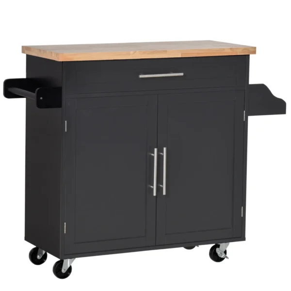 Kitchen Trolley with drawer, door holders and locker, 4 wheels and wooden work surface, 109x40x89cm - Black