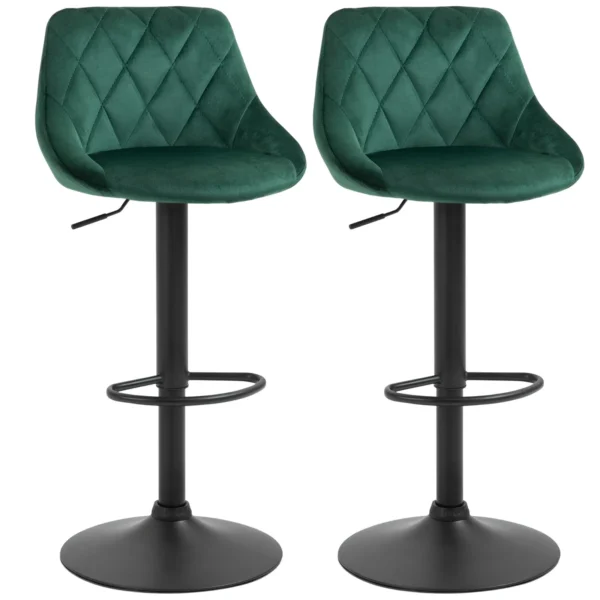 Set of 2 Bar Stools, Adjustable Height with Metal Base and Velvet Seat, Modern Stools with Backrest and Footrest, 46x48x83-104 cm, Green