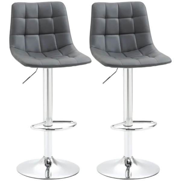 Set of 2 Swivel Bar Stools in Faux Leather with Backrest and Footrest, 42x45x89-110cm, Grey