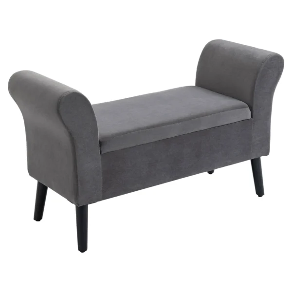 Velvet Fabric Upholstered Storage Bench for Bedroom with Armrests, 111.5x41x65cm - Grey