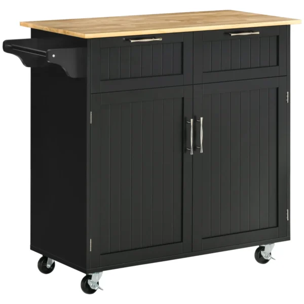 Multipurpose Wooden Kitchen Cart with 2 Drawers, Cabinet and 4 Wheels, 104x46x91cm, Black