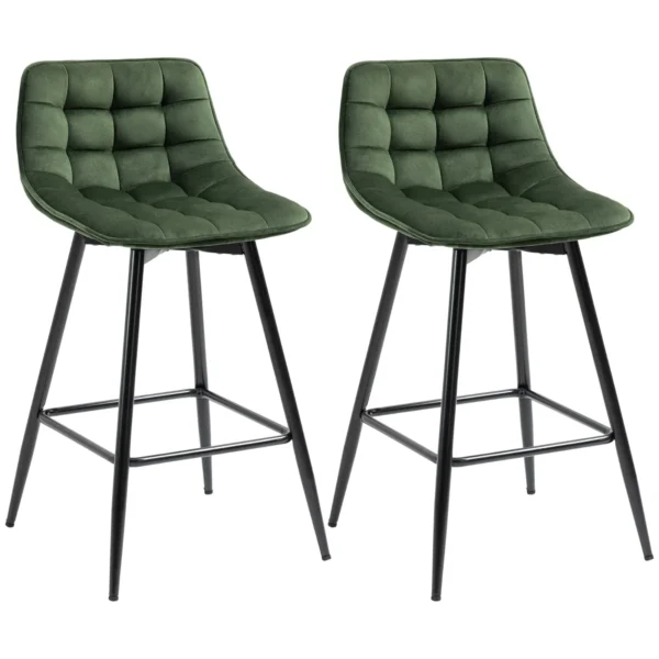 Set of 2 Nordic Style Metal and Velvet Bar Stools with Backrest and Footrest, Green, 45x47x84cm
