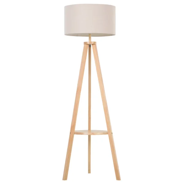 Floor Lamp with Intermediate Shelf Linen Lampshade Energy Saving Pedal Switch Height 154cm, Wood, 50x50x154 cm
