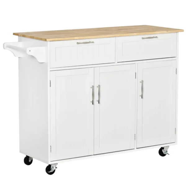VERA | Multipurpose Wooden Kitchen Cart Trolley with 2 Drawers, 3 Doors and 4 Wheels 121x46x91cm - White
