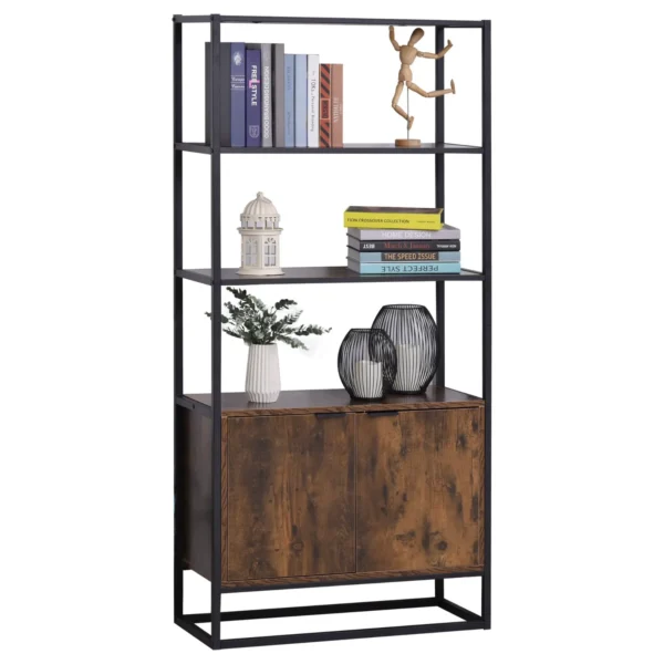 Wall bookcase shelf with doors and 3 wooden and black metal shelves