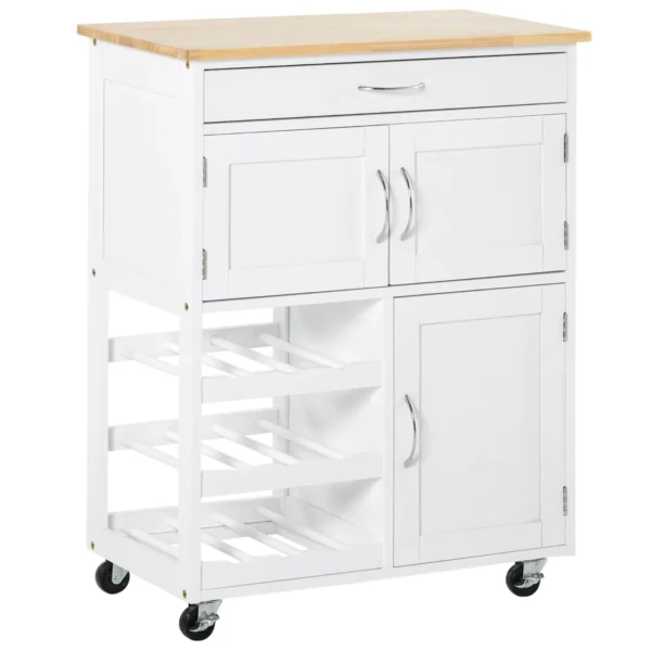 Kitchen Trolley with Bottle Holder, 3 Doors, 4 Wheels and Drawer, Space-Saving Kitchen Cabinet for Microwave and Spices in Wood, 67x37x87 cm, White and Oak