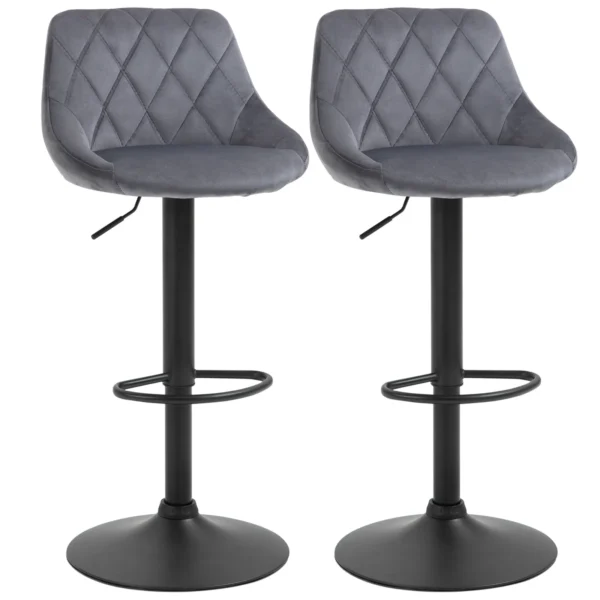 Set of 2 Bar Stools, Adjustable Height with Metal Base and Velvet Seat, Modern Stools with Backrest and Footrest, 46x48x83-104cm, Grey and Black