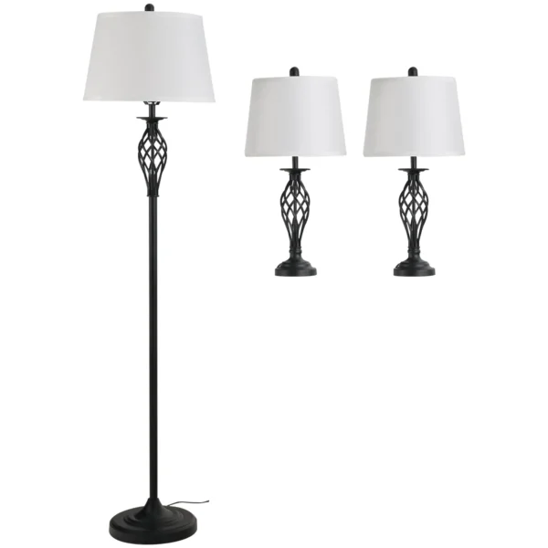 3 Piece Set: 1 Floor Lamp and 2 Metal Table Lamps, Vintage Design, E27 Bulbs, Black and White