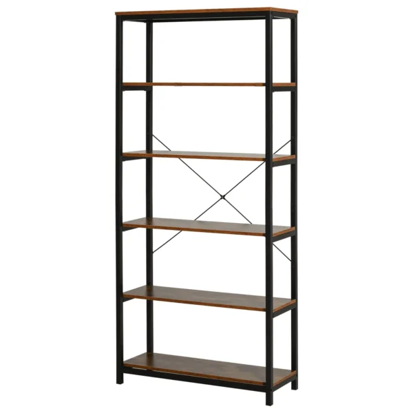 Vintage Industrial Style Vertical Bookcase, Space-Saving Shelf with 6 Shelves in Black Wood and Metal, 80x30x180cm