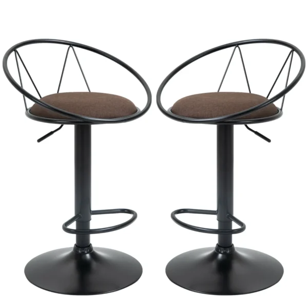 Set of 2 Swivel Bar Stools with Metal Backrest and Footrest, Adjustable Height and Padded Seat for Living Room and Kitchen, Brown 51x46x78-100cm