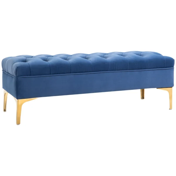 Upholstered Bench Bed Base in Velvet Fabric and Gold Metal Base, 118x45x42 cm, Blue