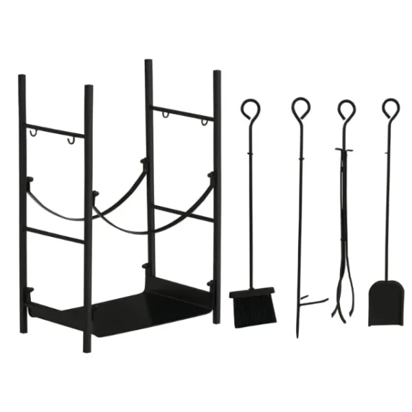 2-Tier Indoor/Outdoor Metal Log Rack, Indoor Log Holder with Removable Holders, Shovel, Broom, Poker, and Tongs, 44.5 x 29.5 x 73 cm, Black