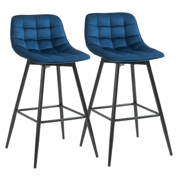 Set of 2 Bar Stools with Backrest and Footrest, Nordic Style High Upholstered Chairs in Metal and Velvet, Blue, 45x47x88cm