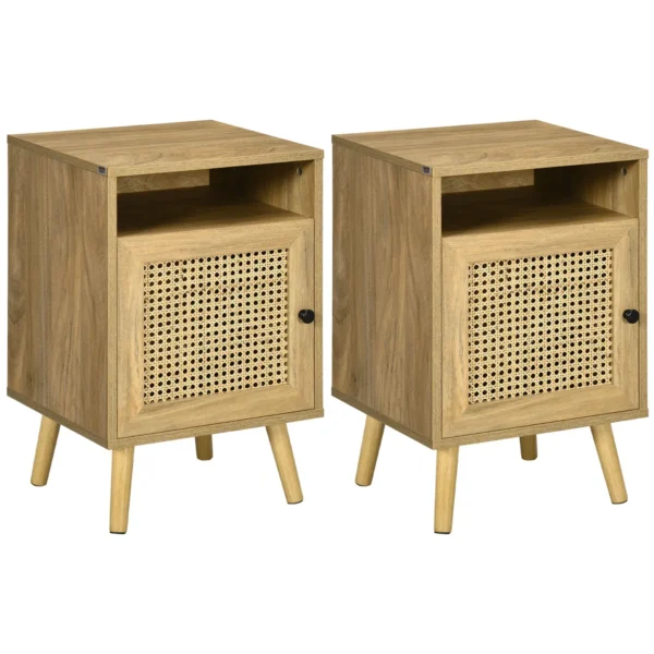 Set of 2 Boho Style Nightstands with Cabinet and Open Shelf, Chipboard, Rattan and MDF, 39x35x60 cm