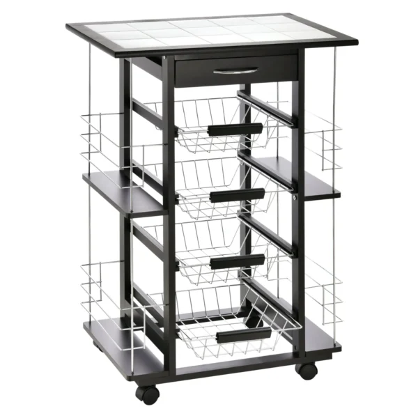 Kitchen Trolley with Drawer, 4 Pull-Out Fruit Baskets and Ceramic Top, Space-Saving Kitchen Cart with 4 Side Shelves in Pine Wood and Metal, 57x37x83 cm, Black