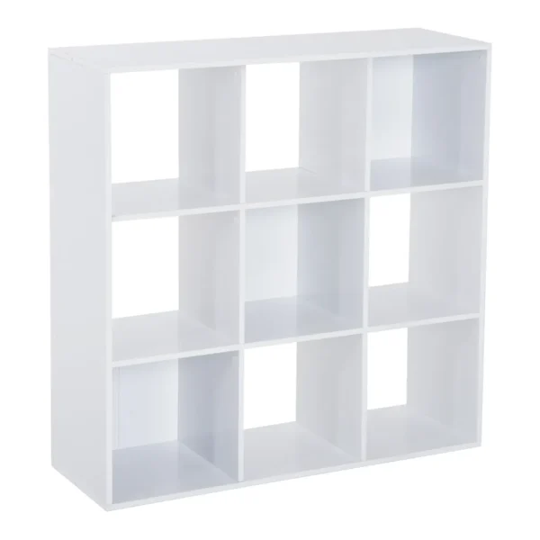 White Bookcase for Home and Office, Modern Design Shelf with 9 Wooden Compartments, 91x29. 5x91cm