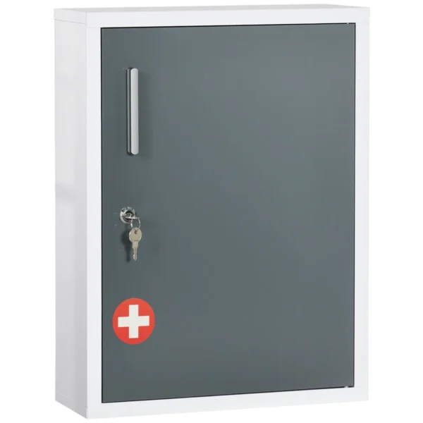 Medicine Cabinet with 3 Shelves and Lock with Keys in Steel, 40x15x53.5cm, White and Grey