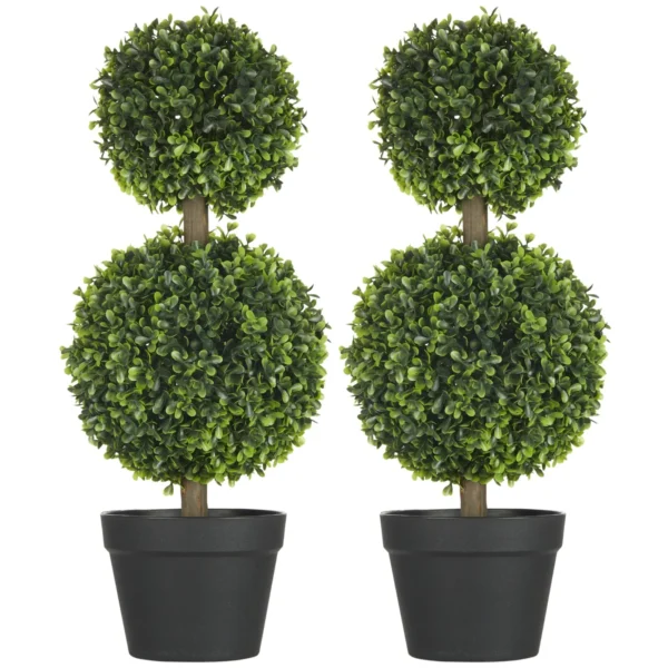 Set of 2 Realistic 2 Ball Boxwood Plants with Pot Included, Reinforced Bottom and Grass, 60cm