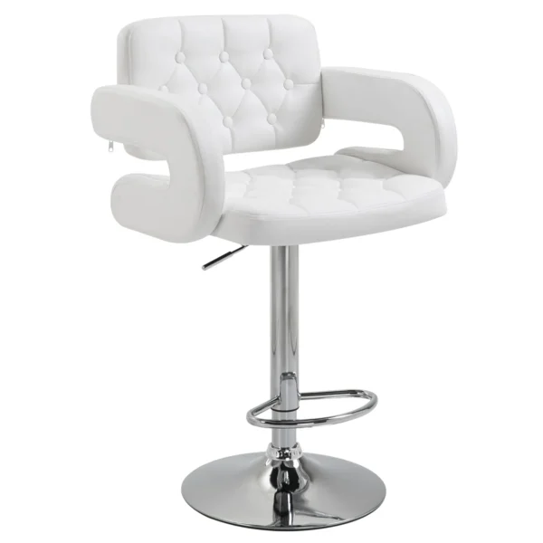High Bar Stool with Backrest and Armrests, Modern Swivel Kitchen Stool with Adjustable Height and Footrest, in Faux Leather, 61x50x94-114cm, White