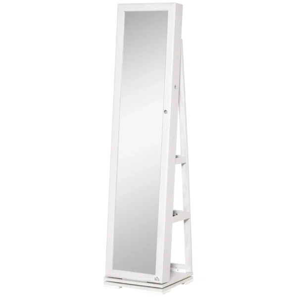 Rotating Jewellery Mirror for Bedroom with 2 Keys, White Wood and Glass, 38x38x160 cm