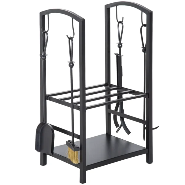 2-Tier Indoor and Outdoor Metal Log Rack, Indoor Log Holder, Shovel, Broom, Poker and Tongs, 40x30x74.5 cm, Black