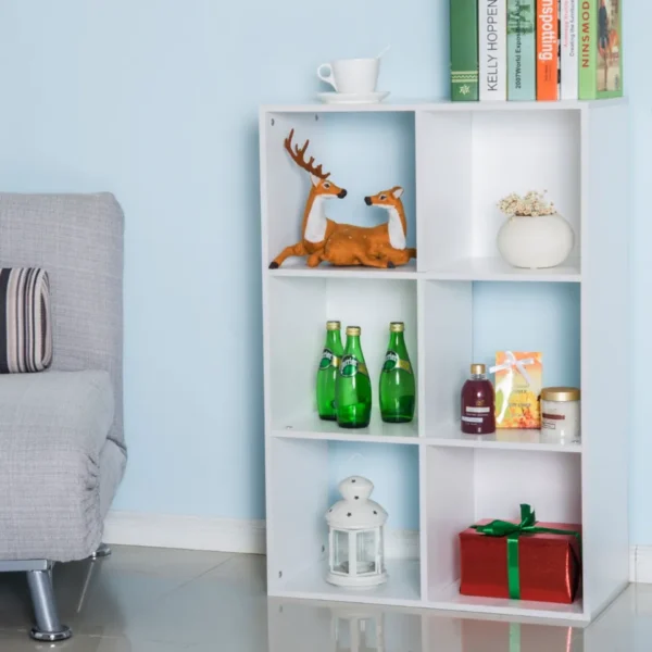 White Bookcase for Home and Office, Modern Design Shelf with 6 Wooden Compartments, 91.5x29. 5x61. 5cm