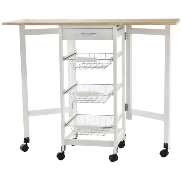 Kitchen Trolley with 3 Baskets, Drawer and Flaps, 6 Swivel Wheels, in MDF and Metal, 37x37x77.5cm, White and Wood