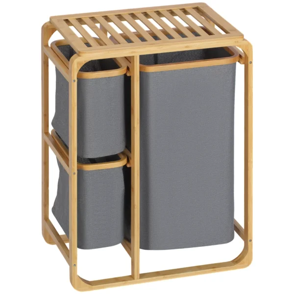 Clothes Laundry Basket with 3 removable compartments in Fabric and Bamboo, 50x32x69.7cm
