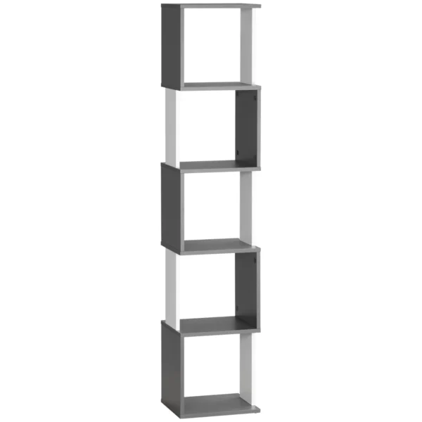 Modern Space-Saving 5-Tier Wooden Bookcase, 33x28x161cm, Grey and White