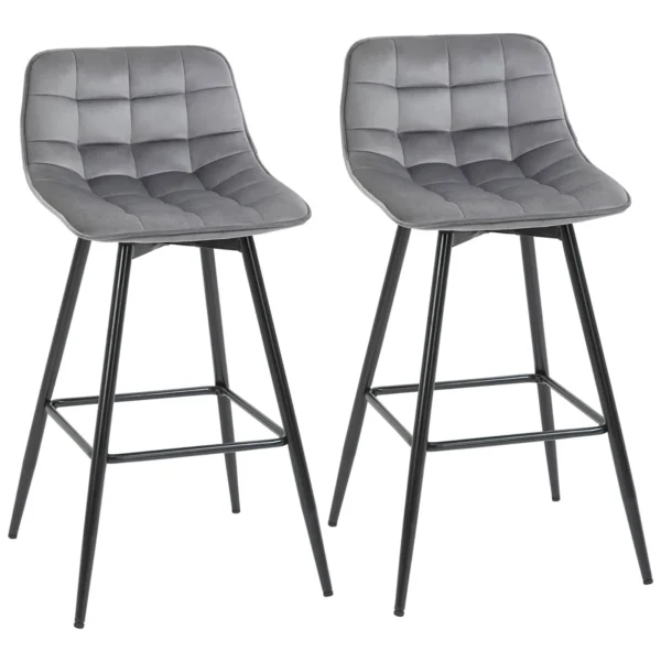 Set of 2 Nordic Style High Stools with Backrest and Footrest, Stools with Backrest in Velvet Effect Fabric and Metal, 45x47x88 cm, Grey