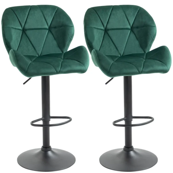 Set of 2 Bar Stools, Adjustable Height with Metal Base and Velvet Seat, Modern Stools with Backrest and Footrest, 46x48x83-104cm, Green