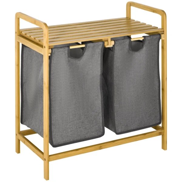 Bamboo Laundry Basket with Double Removable Basket and Slatted Shelf, 63.5x33x73cm Grey