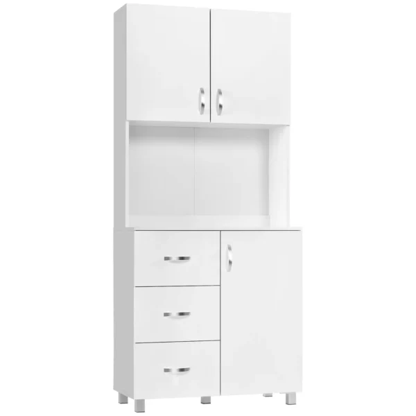 Kitchen and Living Room Sideboard, Modern White Wooden Sideboard, 2 Cabinets, Adjustable Shelves, 1 Open Shelf and 3 Drawers, 80x39. 5x183. 5cm