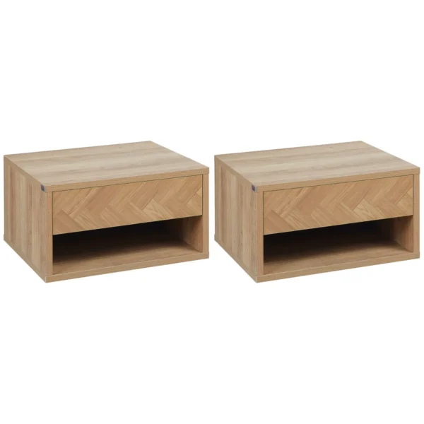 Set 2 modern bedside tables suspended with drawer and wooden shelf 37x32x21cm, natural color