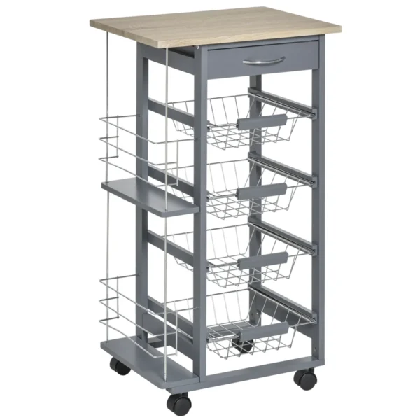 Kitchen trolley in dark Grey with 1 drawer and 4 metal baskets