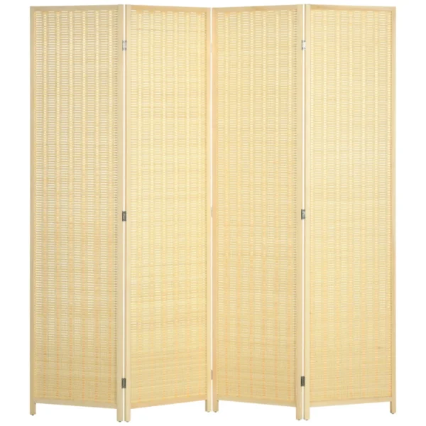 Indoor 4-Panel Folding Indoor Screen Height 180cm, Wood and Bamboo Boho Style, Natural Colour