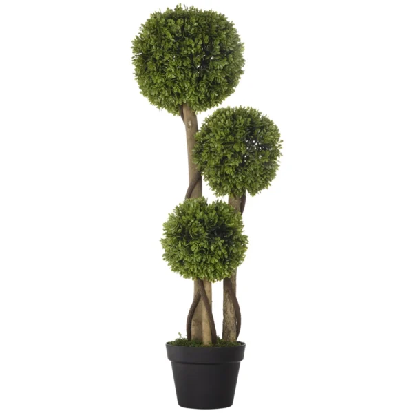 Artificial Boxwood Plant with 3 Balls and Pot Included and Reinforced Bottom, Height 90 cm