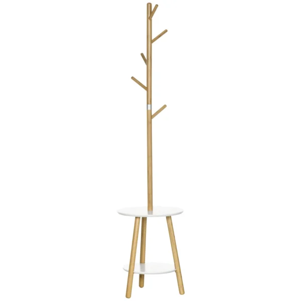 Coat Rack Stand for Entryway in MDF and Aluminum with 5 Bamboo Hooks and Round Table, 39.5x39. 5x171 cm